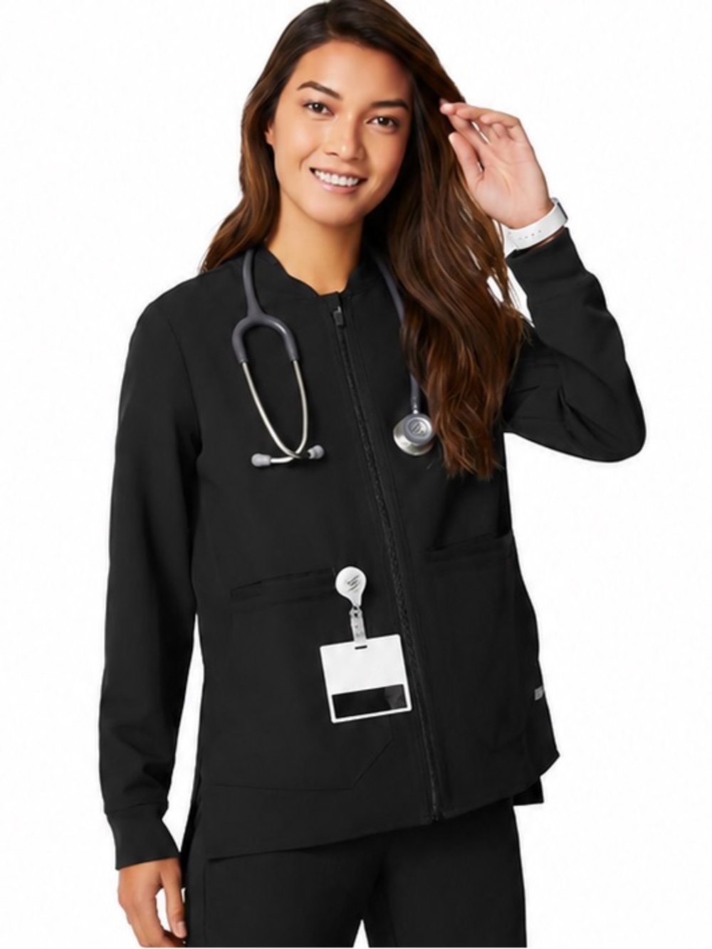 FIGS Bellery Scrub Jacket Black Medium Zip Front Stretch Pockets Workwear